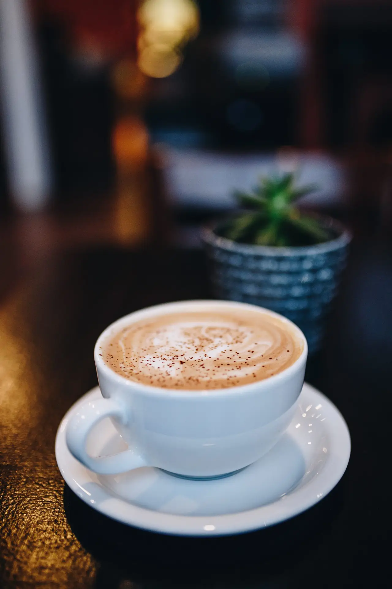 Kaffeetasse und kleine Pflanze schön positioniert um Entspannung zu bewirken